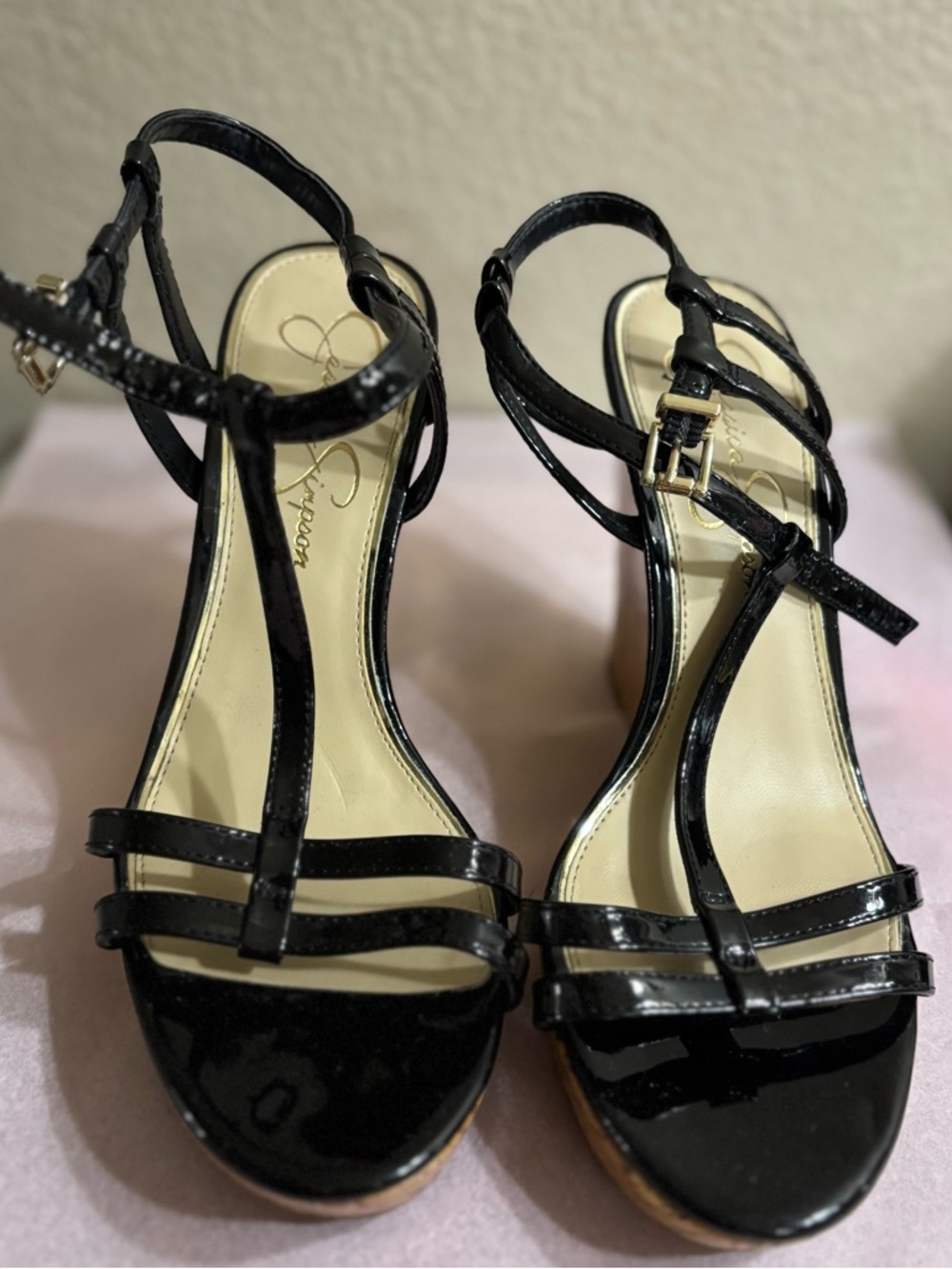 Jessica Simpson Black Patent Strappy T-Strap Heels